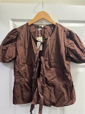 Brown Tie-Front Puff Sleeve Women's Top